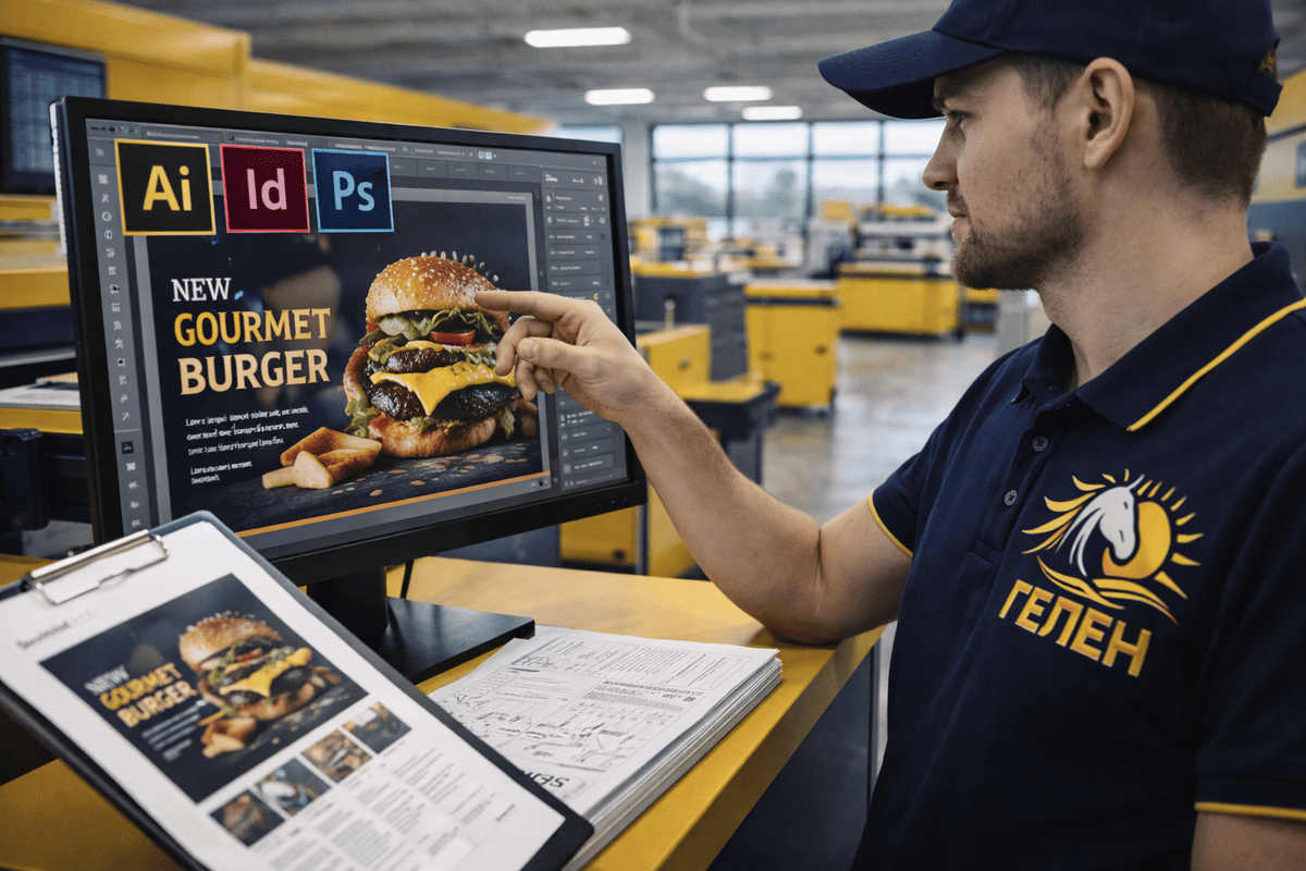 Print shop worker reviewing burger design (1)